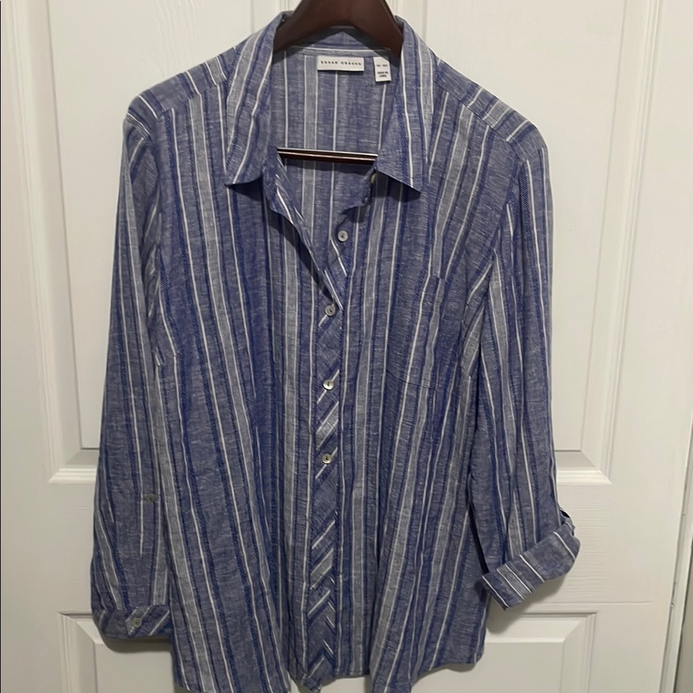 Susan Graver Blue and Cream Striped Button Down Shirt